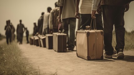 Refugees People With Luggage Walking In A Row, Generative ai - obrazy, fototapety, plakaty