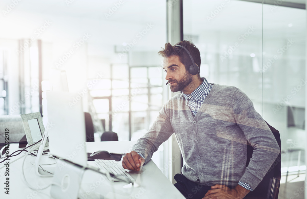 Aufkleber Call center, working and business man on computer in office for customer service, consulting and online help. Telemarketing, contact us and male agent on desktop pc for sales, consultant and support