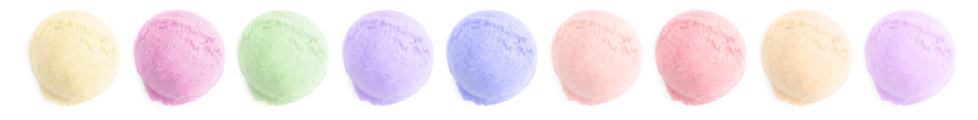 Set of ice cream scoops of different colors and flavors isolated on white, top view