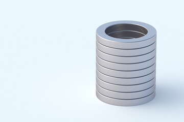 Stack of neodymium magnets on white background. Copy space. 3d render