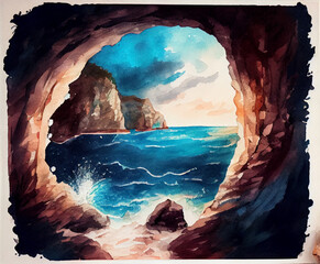 a grotto with azure glowing water and a view of the sky, watercolor style Generative AI