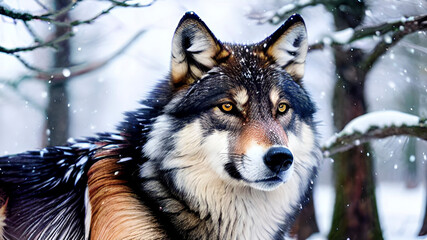 Fototapeta premium Lupo in un bosco innevato mentre alcuni fiocchi di neve vengono giù. Creato con AI.