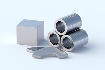 Group of neodymium magnets on white background. 3d render