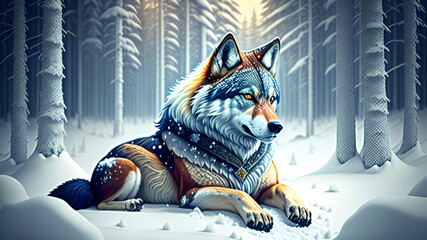 Illustazione di un lupo nel bosco innevato. Generato con AI.