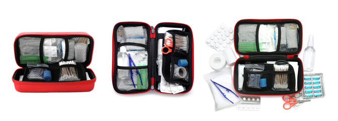 Collage with first aid kit on white background, top and side views