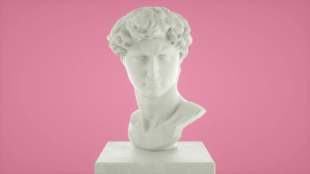 Bust statue cut sliced with surreal rotating movement. Greco Roman sculpture 3d model design. David Michelangelo´s white head. Modern conceptual art, contemporary art in vaporwave style