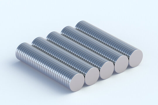 Rows of neodymium magnets on white background. 3d render