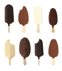 Set of different tasty glazed ice creams on white background