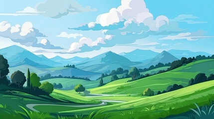 Summer Bliss: Serene Fields and Rolling Hills Landscape with Lush Green Grass, Blue Sky, and Clouds in Flat Style Cartoon Painting Illustration. Generative AI