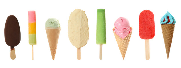 Set of different tasty ice creams on white background