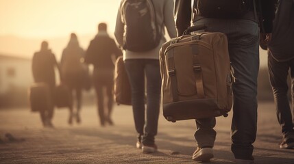 Refugees People With Luggage Walking In A Row, Generative ai