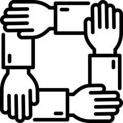 Teamwork, unity, trust and corporate partnership. Thin line icon. Four hands holding each other by wrist. Modern vector illustration.