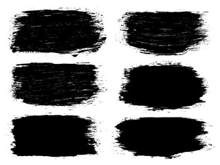 Set of black abstract brush strokes. Ink stain isolated on white background. Grainy textured design elements. Vector illustration, eps 10.