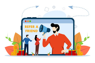 Refer a friend concept. Referral program vector illustration, man using megaphone with referring friend word, use for landing page, ui, web template, mobile app, poster, banner. vector illustration. - obrazy, fototapety, plakaty