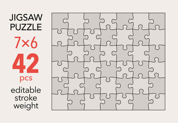 Empty jigsaw puzzle grid template, 7x6 shapes, 42 pieces. Separate matching puzzle elements. Flat vector illustration layout, every piece is a single shape.