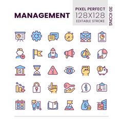 Management pixel perfect RGB color icons set. Business and work. Employees. Career growth. Isolated vector illustrations. Simple filled line drawings collection. Editable stroke. Poppins font used