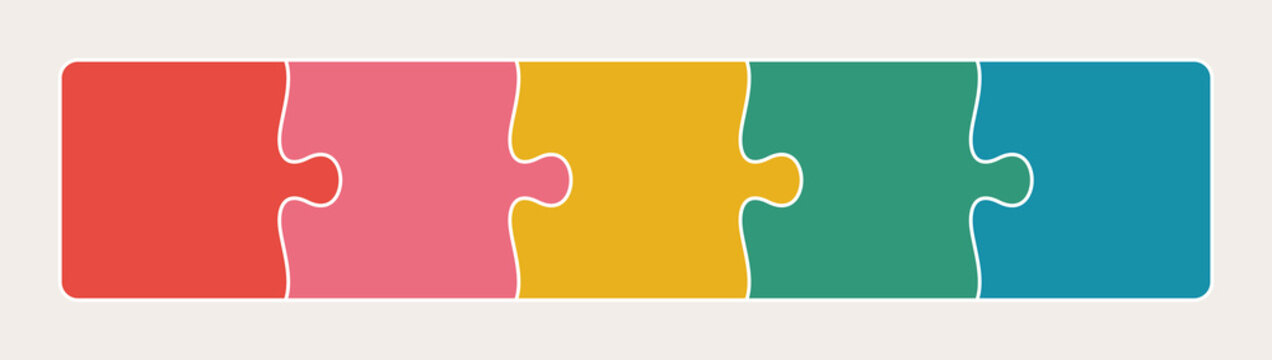 Five connected jigsaw puzzle parts line flat vector illustration. Infographic template with separate matching pieces. Teamwork concept.
