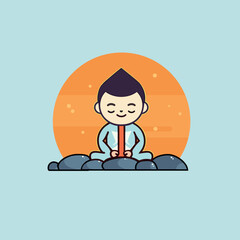 Illustration of Asian boy meditating on rocks with sun and light blue background.