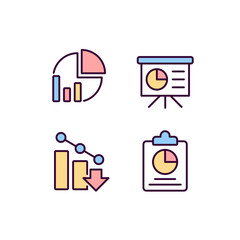 Business analytics pixel perfect RGB color icons set. Data analysis. Financial forecast. Statistics. Isolated vector illustrations. Simple filled line drawings collection. Editable stroke