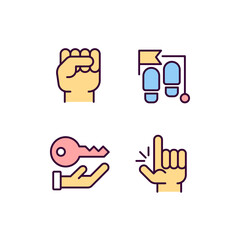 Goal setting pixel perfect RGB color icons set. Development and progress. Process stages. Corporate access. Isolated vector illustrations. Simple filled line drawings collection. Editable stroke