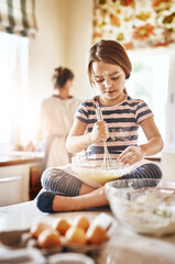 Fun, mixing flour or girl baking in kitchen for cookies pastry or cooking recipe preparation at home. Bowl, playful or young child learning to bake for skills development or independence in a house