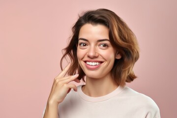 Headshot portrait photography of a grinning girl in her 30s pointing at oneself against a pastel or soft colors background. With generative AI technology