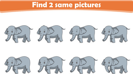 Funny cartoon elephant. Find two same pictures. Educational game for children. Cartoon vector illustration