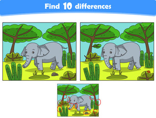 Funny cartoon elephant. Find 10 differences. Kids Education games. Cartoon vector illustration
