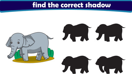 Funny cartoon elephant. find the correct shadow. Kids Education games. Cartoon vector illustration