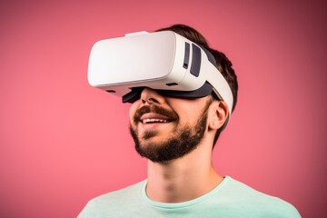 Headshot portrait photography of a glad boy in his 30s playing with virtual reality mask against a pastel or soft colors background. With generative AI technology