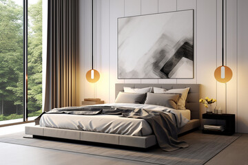 Modern bedroom, and living room in a contemporary house, with a 3D mockup canvas frame on the wall, Generated with AI