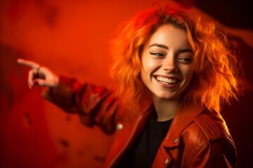 Close-up portrait photography of a happy girl in her 20s pointing at oneself against a fiery red background. With generative AI technology
