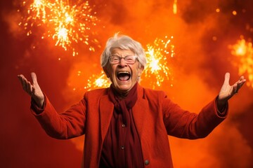 Medium shot portrait photography of a grinning old woman gesturing victory against a fiery red background. With generative AI technology