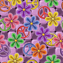 Seamless pattern with mosaic tiles, peace sign, colorful chamomile flowers. Groovy, hippie, naive style. Good for apparel, fabric, textile, surface design.