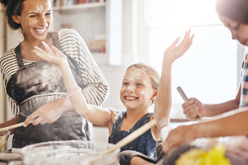 Messy, happy and children baking with mother for teaching and being crazy with flour. House,...