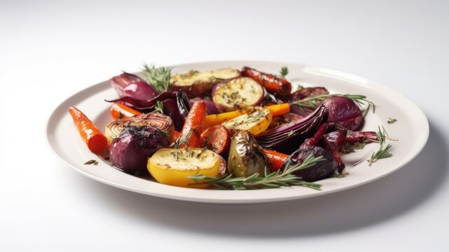 A colorful plate of roasted vegetables with garlic and herbs on White Background with copy space for your text created with generative AI technology