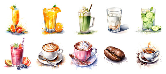 set of watercolor beverage, breakfast beverage, Milk Glass, Coffee, Fruit Juice , sticker, generated ai