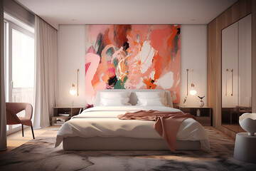 Modern bedroom, and living room in a contemporary house, with a 3D mockup canvas frame on the wall, Generated with AI