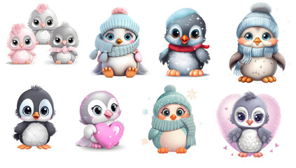 Fototapeta premium set of funny penguins with transparent background, generated ai