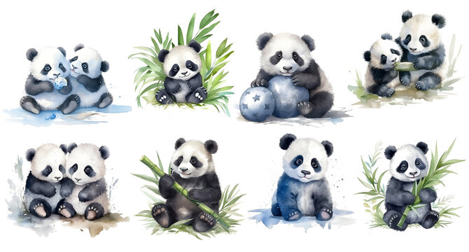 set of cute panda with transparent Background, generated ai