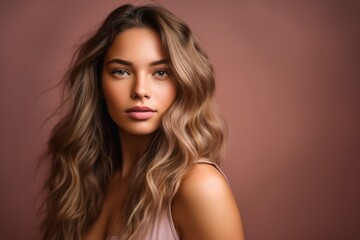 Naklejka premium Headshot portrait photography of a glad girl in her 20s touching her hair against a dusty rose background. With generative AI technology