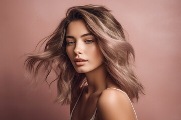 Headshot portrait photography of a glad girl in her 20s touching her hair against a dusty rose background. With generative AI technology