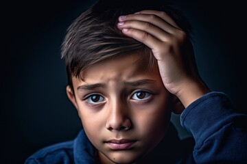 Close-up portrait photography of a grinning kid male holding the hand on the forehead in a headache gesture against a navy blue background. With generative AI technology