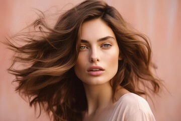 Headshot portrait photography of a glad girl in her 20s touching her hair against a dusty rose background. With generative AI technology