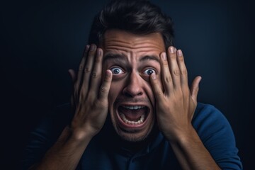 Headshot portrait photography of a beautiful boy in his 30s putting hands on the face in a gesture of terror against a navy blue background. With generative AI technology