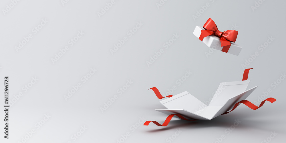 Fototapete Open white present box or gift box with red ribbons and bow isolated on white grey background with shadow minimal conceptual 3D rendering