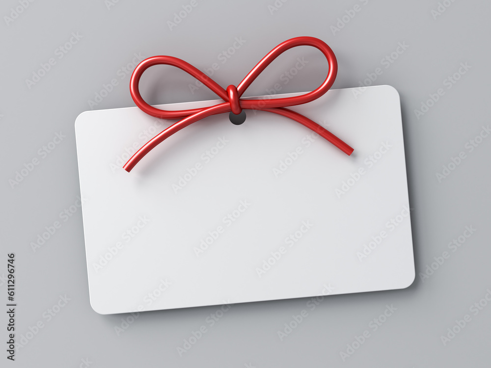 Poster Blank gift card or white note with red rope bow isolated on white grey background with shadow minimal conceptual 3D rendering
