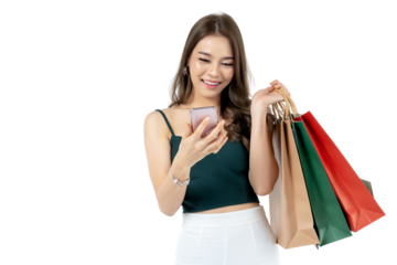 Young Asian woman using smart phone and holding shopping bag shoot in isolated white background, remove background. shopping payment concept