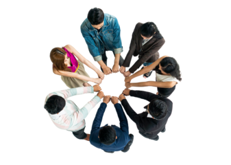 Top view of people in team stack hands at the circle together as unity and teamwork in office. young Asian team and group togetherness collaboration