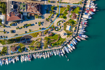 Aerial view of streets of Fethiye town on Aegean sea, top down shot